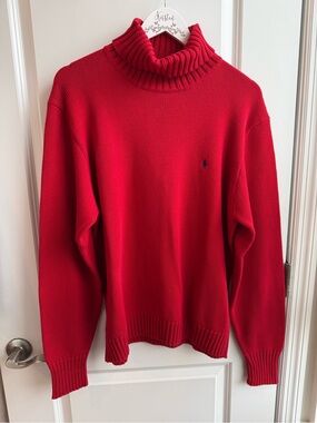 Vintage Polo Ralph Lauren Red Cotton Turtleneck Sweater Preppy Large Academia
